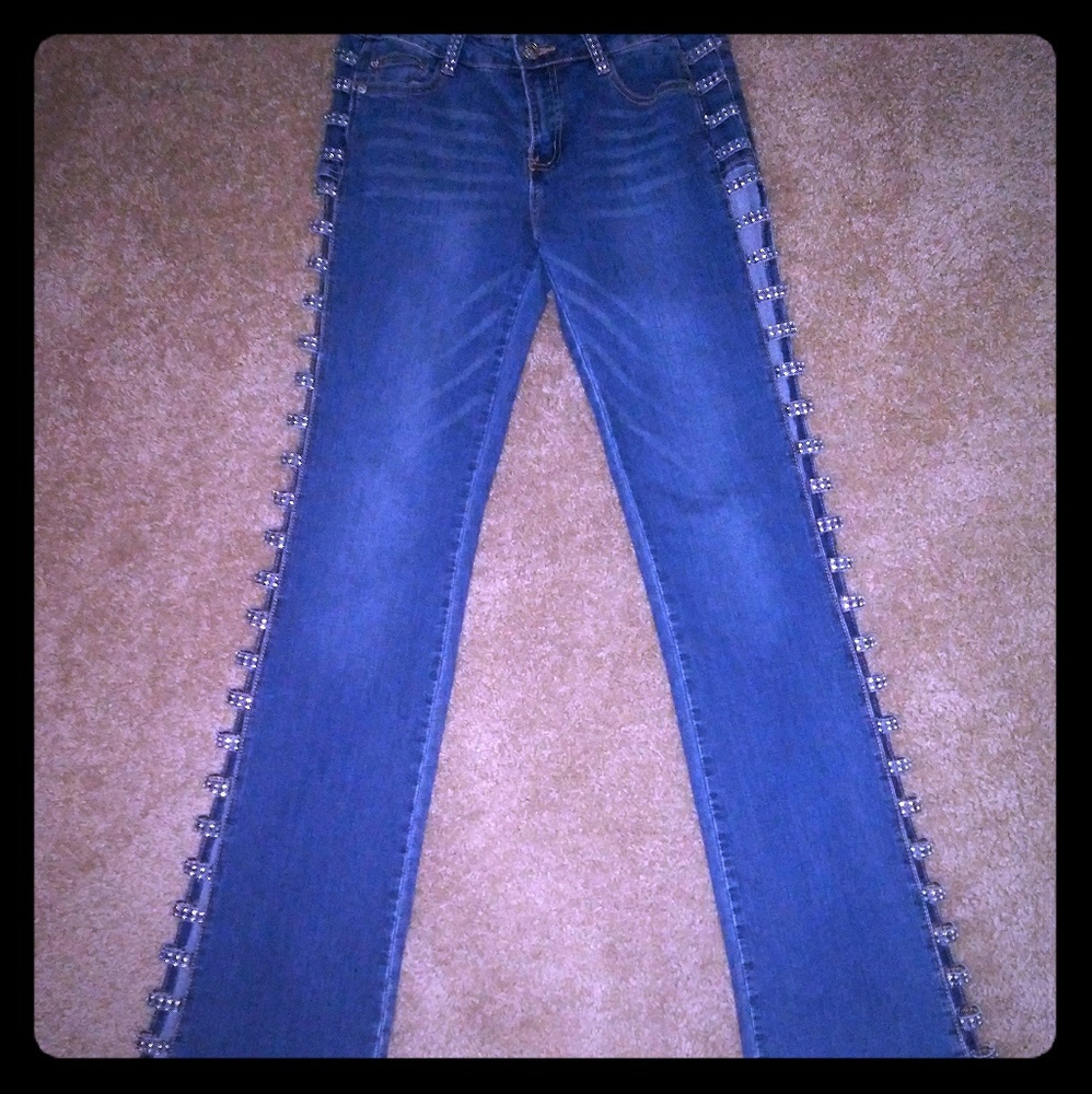 Platinum Plush Rhinestone Studded Jeans - Picture 1 of 4